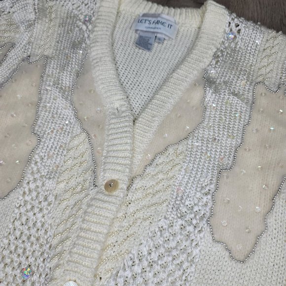 vintage 90s beaded sequin angora lambswool blend chunky knit cardigan sweater S - Picture 8 of 9